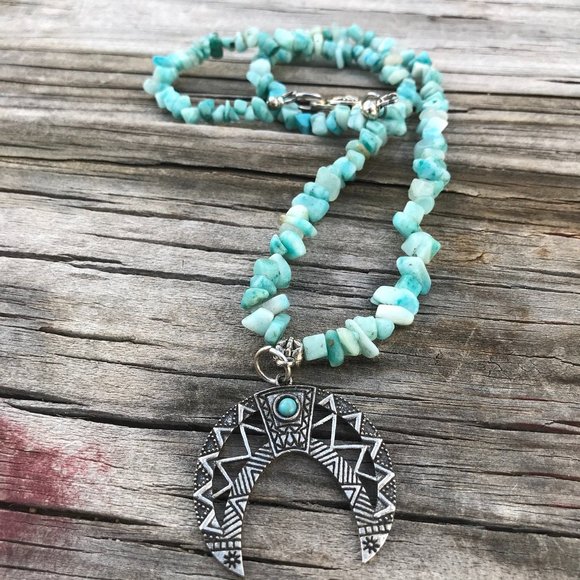 Southwestern Amazonite Gemstone Necklace Handmade Squash Blossom Silver Beaded - Picture 10 of 15